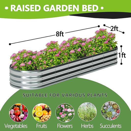 Foxlang 8x2x1ft(2 Pack) Galvanized Oval Raised Garden Bed,Outdoor Planter Box Metal Patio Kit Planting Bed for Vegetables Flowers Herb,Silver