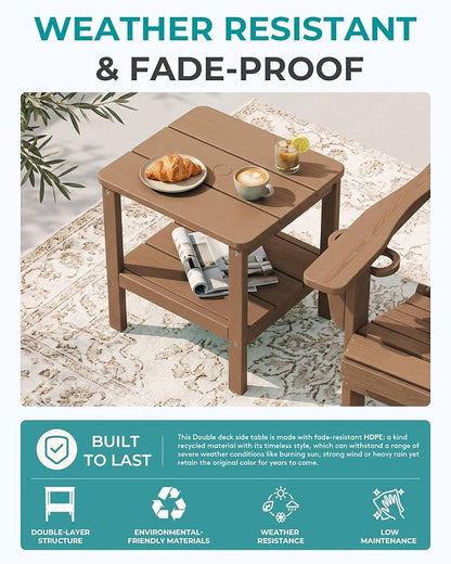 SERWALL 2-Tier HDPE Outdoor Side Table, Weatherproof Rectangular Adirondack Side Table, Brown