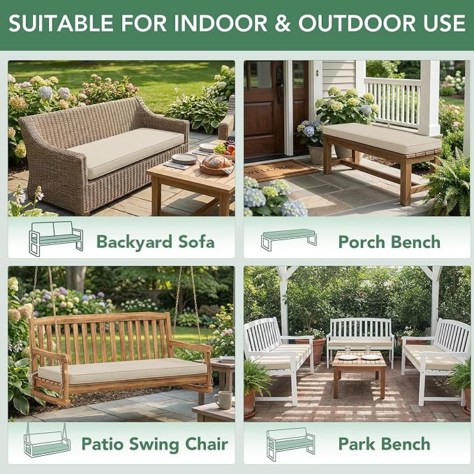 Summsun Outdoor Bench Cushion: Waterproof and Fade Resistant Patio Furniture Cushions - Non-Slip Bench Pad Cushion with Removable Cover for Garden Swing Porch Sofa Settee, 42 x 18 Inch, Beige