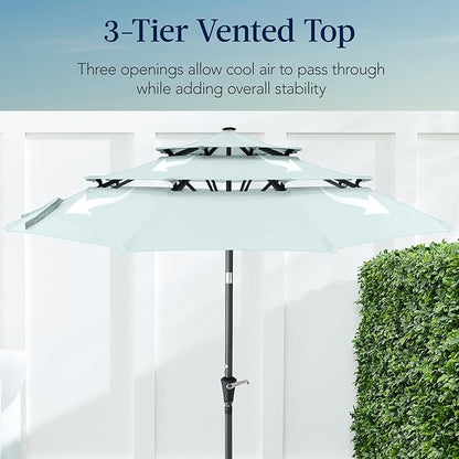 Best Choice Products 10ft 3-Tier Market Patio Umbrella, Outdoor Sun Shade with Tilt, Crank Lift, 8 Ribs for Backyard, Deck, Poolside – Baby Blue