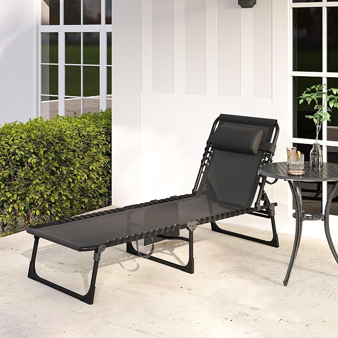 Outsunny Folding Chaise Lounge Chair Outdoor, Sun Tanning Chair with Side Pocket, Carrying Strap, Portable Patio Beach Lounger with 5-Position Reclining Back, Headrest for Pool, Camping, Yard, Black