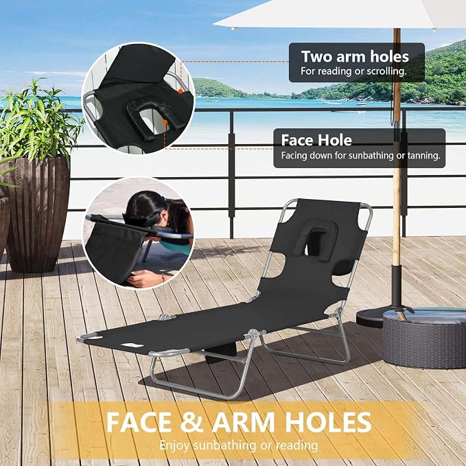 Sun Tanning Chair with Face Hole, Heavy Duty Adjustable 5-Position Folding Laying Out Chairs for Tanning, Beach Lounge Chairs for Adults for Outdoor Sunbathing Patio Pool Lawn (Black 3)