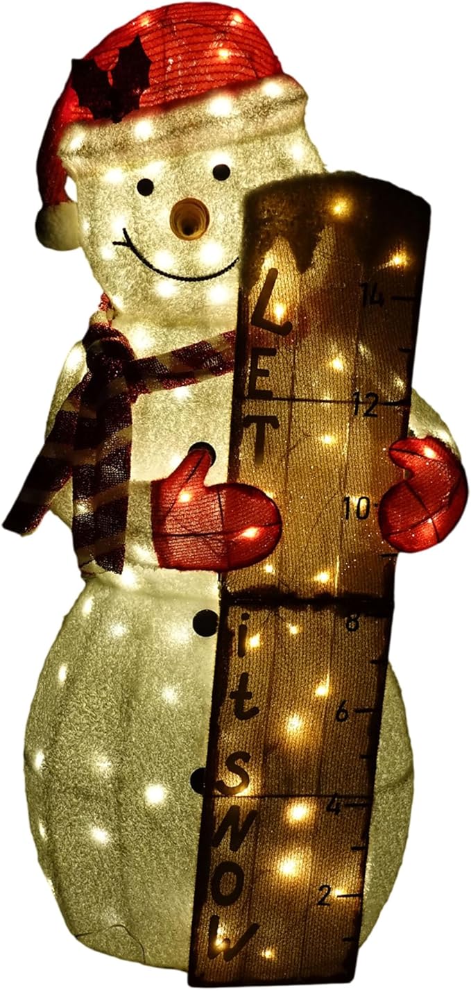 Alpine Corporation 43" H Let It Snow White Fabric Snowman with LED Lights, Indoor and Outdoor Christmas Decor