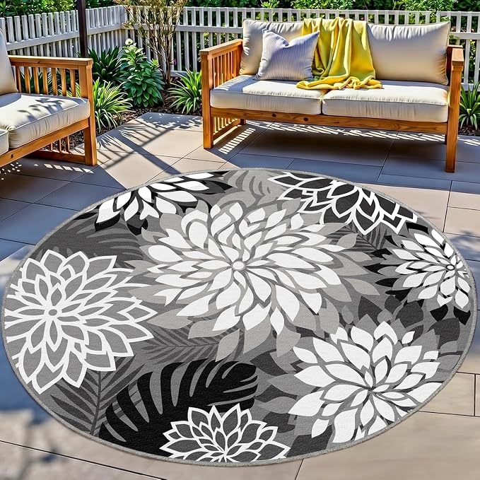 6x6 Outdoor Area Rug Washable Multicolored Patio Rug Tropical Botanical Floral Chenille Waterproof Outdoor Carpet Non-Slip for Patio, Deck, Backyard, Porch, Black