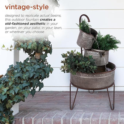 Alpine Corporation YHL684 33" Outdoor Floor 3-Tier Vintage Tubs and Planters Fountain, Rustic Metal Cascading Waterfall Feature for Gardens, Patios, and Yards, Silver