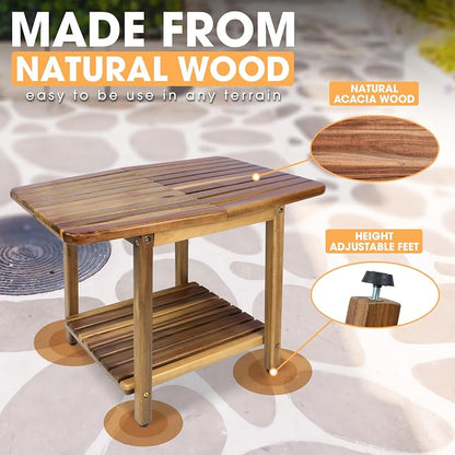ENKEZI Acacia 24 Inches Outdoor Side Table, 2-Tier Sturdy Patio, End Table Weather Resistant, Strong Stability Side Table for Patio, Pool, Porch, Teak Finish (Modern Brown)