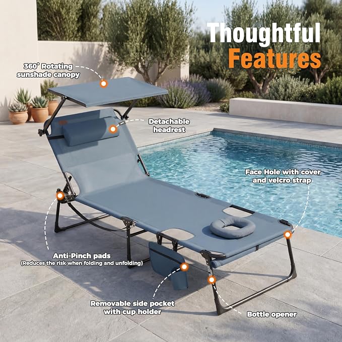 Tanning Chair with Face Hole & Canopy, 28'' Extra Wide, Blue | Folding Chaise Lounge Chair with 4-Position Adjustable Backrest for Beach, Pool, Patio & Camping