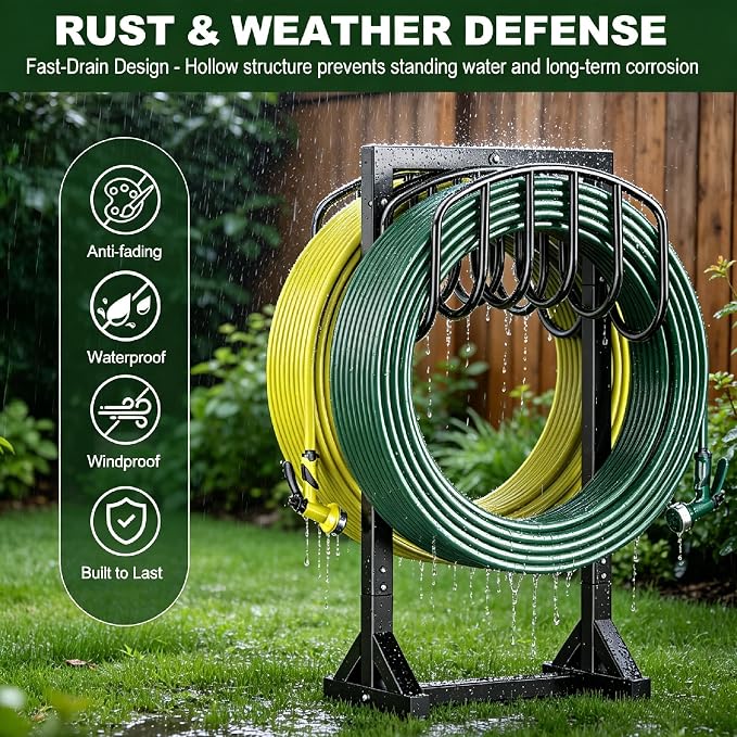 HeroicLion Garden Hose Holder Holds 2 x 151FT Hoses, Heavy-Duty Metal Freestanding Hose Stand Hanger with Stable Base, Rustproof Double Water Hose Holders for Outside Yard Lawn Farm, Black