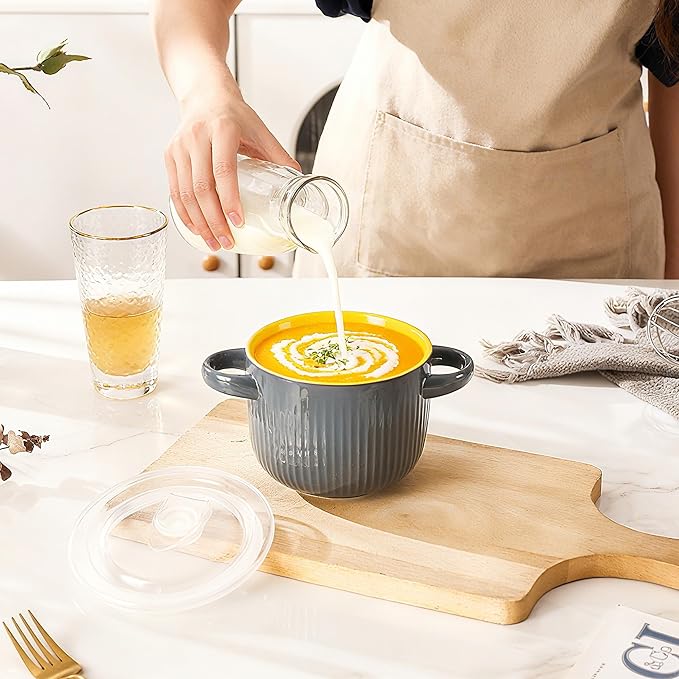 Ceramic Soup Bowl with Handles and Lid, 24 oz French Onion Soup Crock, Oven Safe Bowl for Soup, Chili, Ramen, Pasta and Cereal, Microwave Dishwasher Safe - Gray&Yellow