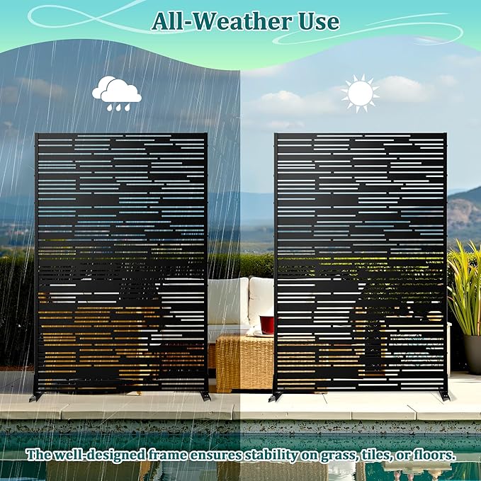 Metal Privacy Screen Outdoor Privacy Screen, Freestanding Fence Panel for Outside, 72''H×47''W, Decorative Screen Panel for Backyard/Patio/Deck