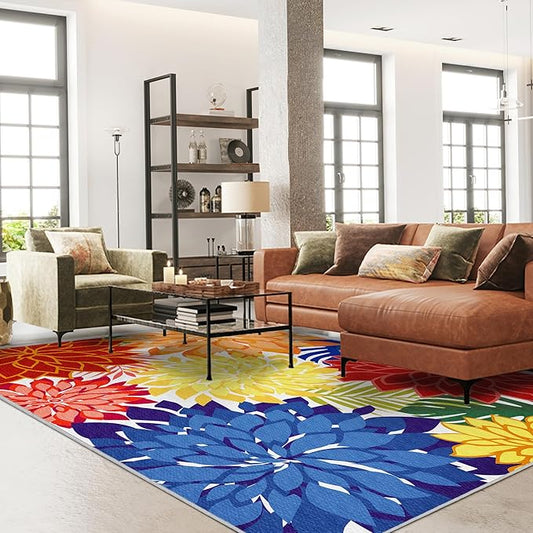 Colorful 6x9 Outdoor Area Rug Washable Multicolored Patio Rug Tropical Botanical Floral Chenille Waterproof Outdoor Carpet Non-Slip for Patio, Deck, Backyard, Porch, Rainbow