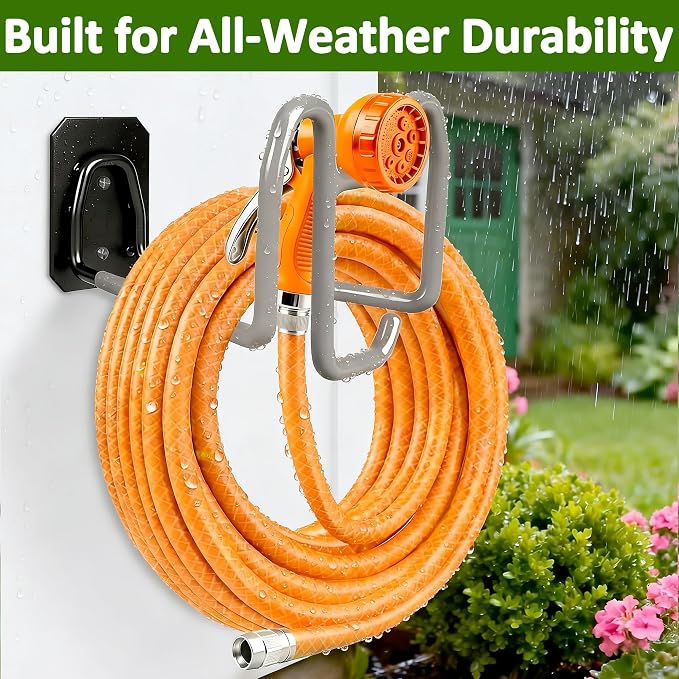 Garden Hose Holder with Hook - Heavy Duty Garden Hose Hanger with Sprayer Storage Design, Wall Mount Water Hose Storage for Outside Yard Lawn and Garage