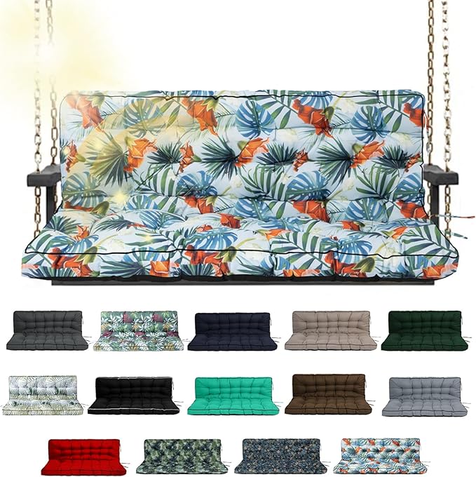 Porch Swing Cushion Three Seat, Waterproof Swing Cushions Replacement with Backrest, Outdoor Garden Furniture Patio 4" Thickened Cushions with Ties (Summer, 40 x 55in)