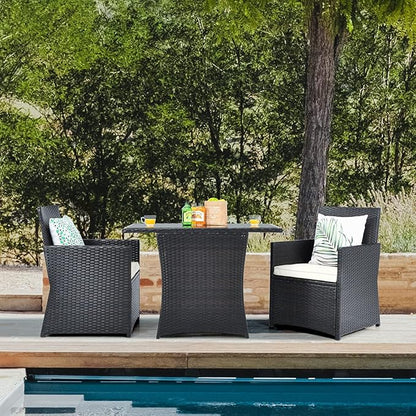 HAPPYGRILL 3-Pieces Outdoor Wicker Bistro Set PE Rattan Dining Table Set with Cushioned Chairs, Patio Conversation Set for Backyard Porch Garden and Poolside