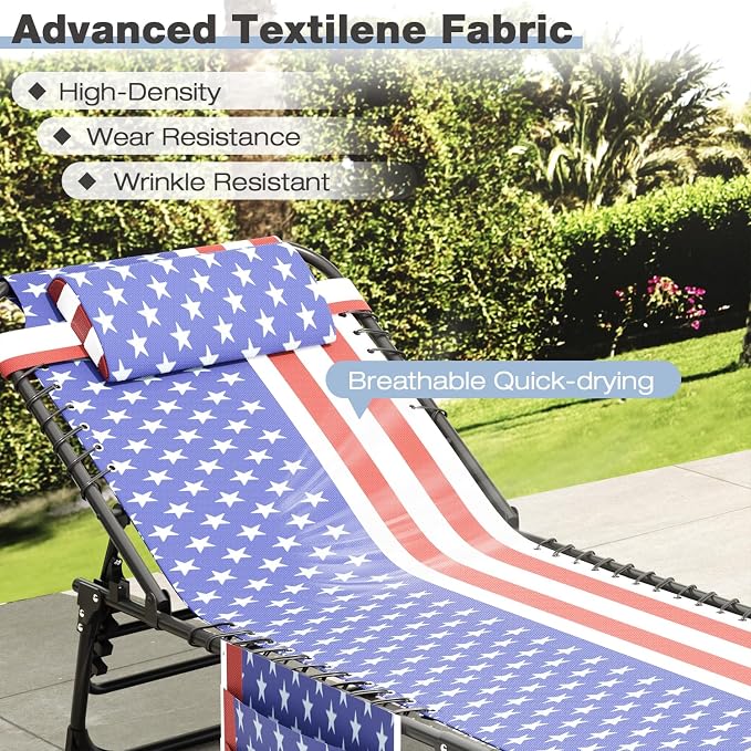Outdoor Folding Lounge Chair, 4-Level Reclining Backrest Chaise Lounge, Removable Pillow & Side Pocket Design, Portable Tanning Chair for Poolside, Beach, Patio, Backyard, Tricolor Stripe