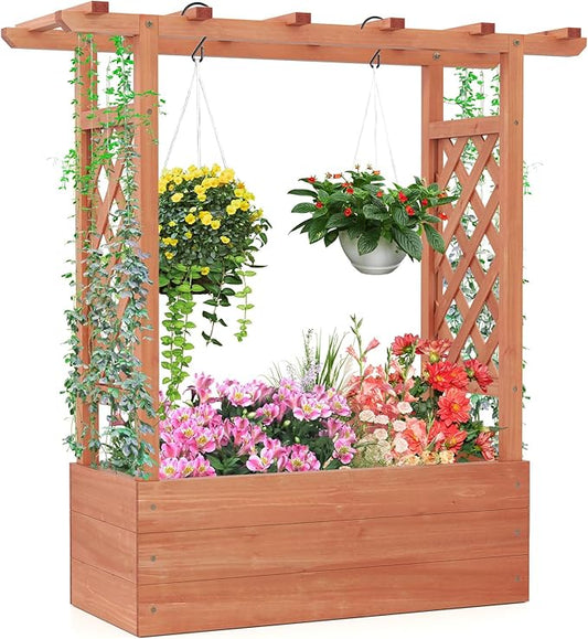 Giantex Raised Garden Bed with 2-Sided Trellis & Hanging Roof, Fir Wood Planter Box w/Drainage Holes, Freestanding Garden Planter for Flowers Herbs Climbing Vines (43"x15"x45")