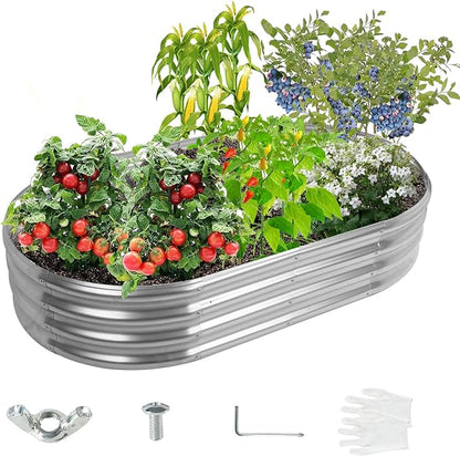 5X2.7X1 FT Oval Galvanized Metal Garden Raised Bed/Plant Box for Planting,32 Inches Diameter Iron Fire Pit Ring,Small Animal Fence-3 in 1 Modular Design in Black (Silver, 60X32X11.5 Inches)