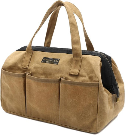 Tool Bag, 13-inch Heavy Duty Wide Mouth Water-Resistant Waxed Canvas Zipper Bag, Tool Tote with Handle for Tools, Wrenches, Screwdrivers (13 X 7.8 X 9 inch) | Khaki