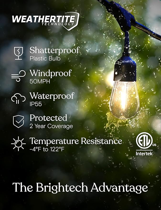 Brightech Ambience Pro – Solar Power Remote Control Outdoor String Lights with Edison Bulbs – Shatterproof, Commercial Grade LED Waterproof Patio Lights – 1W, 3,000K, Hanging, 27 ft