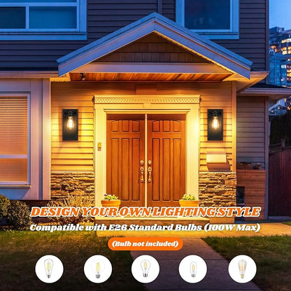 Outdoor Wall Light Fixtures, Exterior Waterproof Lanterns, Black Porch Lights with Glass Shade, Sconces Wall Mount Lighting with E26 Socket, Anti-Rust Wall Lamps for Patio Front Door Entryway, 2-Pack