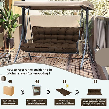 2/3 Seater Swing Replacement Cushion, Waterproof Porch Swing Cushions with Backrest, Thickened Bench Cushions for Outdoor Furniture, for Outdoor Patio Swing (Brown, 63 * 40in)