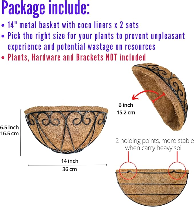 LaLaGreen Outdoor Wall Planters (2 Pack, 14 Inch) Black Metal Wall Mounted Hanging Basket with Coco Liner, Semi-Circle Flower Pot Plant Holder for Fence Railing Deck Porch Balcony French Garden Decor