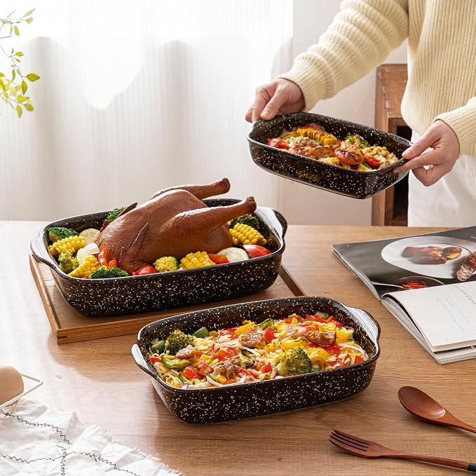 3-Pack Deep Rectangular Ceramic Baking Dishes, Heavy-Duty Oven-Safe Stoneware Casserole Pans for Lasagna Baking, High Heat Resistant Handcrafted Glazed Finish,Speckle Series(13.8''/12''/9.6'' Brown)
