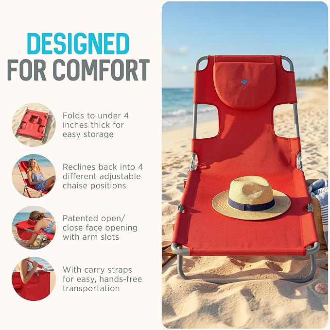 Ostrich the Original Chaise 72 x 22 Inch Lounge Portable Reclining Lounger, Outdoor Patio, Beach, Lawn, Camping, or Pool Tanning Chair, Red