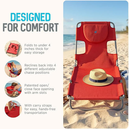 Ostrich the Original Chaise 72 x 22 Inch Lounge Portable Reclining Lounger, Outdoor Patio, Beach, Lawn, Camping, or Pool Tanning Chair, Red