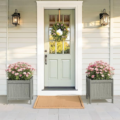 LUE BONA Outdoor Plant Pots Set of 2, 13.7" x 12.5" x 14.5" HDPS Flower Pots with Drainage Holes, Outdoor Planter Box for Outdoor Plants - Porch Patio, Garden or Entryway, Light Gray-Oil Printed