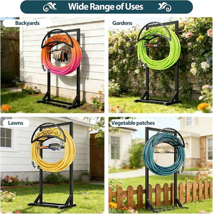 Garden Hose Holder Stand, BOLITE Metal Hanger with Storage Basket, 150ft | Heavy Duty, Freestanding Detachable, Water Hose Holder with Storage Basket, 4 Spikes, Storage Rack for Outside Yard Lawn Farm