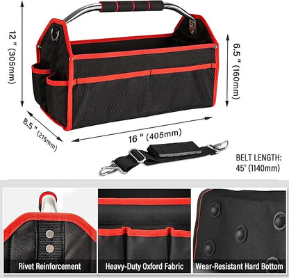 HAUTMEC 16" Foldable Tool Tote Bag, Open Top Tool Bag with Stiff Frame, 16-Pockets Electrician Tool Bag with Padded Steel Handle, Shoulder Strap & Water-Resistant Hard Base – TB0002