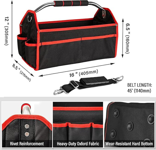 HAUTMEC 16" Foldable Tool Tote Bag, Open Top Tool Bag with Stiff Frame, 16-Pockets Electrician Tool Bag with Padded Steel Handle, Shoulder Strap & Water-Resistant Hard Base – TB0002