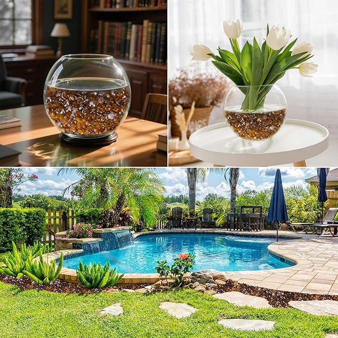 Skyflame 10-Pound Fire Glass Beads for Fire Pit Fireplace, 1/2-Inch Size Caramel Reflective Decorative Blended Fireglass Drops for Landscaping