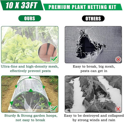 10 X 33 FT Garden Mesh Netting Kit Pest Barrier for Raised Beds, Fruit Tree Netting with 6 Sets Garden Hoops & 12 Clips for Cicadas Bird Insect, Blueberry Bush Netting Cover for Garden Protection