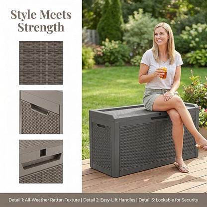 60 Gallon Deck Box, Waterproof Resin Outdoor Storage Box Lockable for Patio Furniture, Fade Resistant Patio Side Table & Organizer for Garden Tools, Pool Floats, Outdoor Cushions, Light Coffee