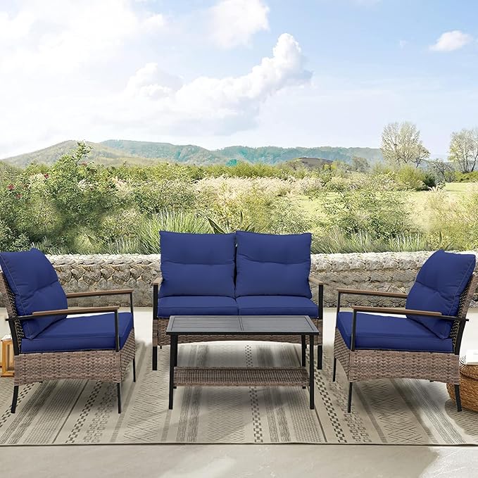 Sunset Escape Wicker Outdoor Furniture, Modern Sofa and Chair Set of 4, Rattan Patio Conversation Set, 2 Patio Chairs, Loveseat and Coffee Table, Brown/Blue