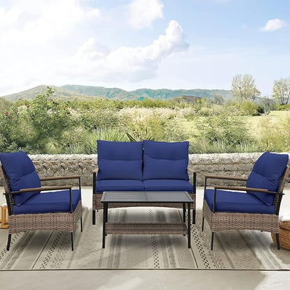 Sunset Escape Wicker Outdoor Furniture, Modern Sofa and Chair Set of 4, Rattan Patio Conversation Set, 2 Patio Chairs, Loveseat and Coffee Table, Brown/Blue