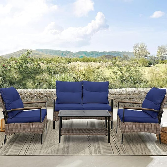 Sunset Escape Wicker Outdoor Furniture, Modern Sofa and Chair Set of 4, Rattan Patio Conversation Set, 2 Patio Chairs, Loveseat and Coffee Table, Brown/Blue