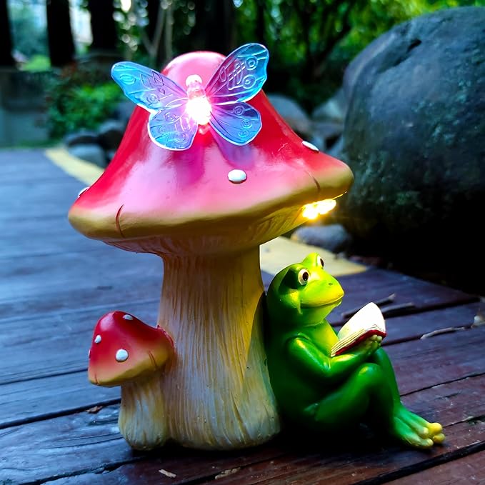 Solar Frog Mushroom Garden Statues,Statuettes of Resin Frog Mushroom Reading a Book Figurine with LED Solar Lights, Lawn Decor Outdoor Statue for Patio,Balcony,Yard,Lawn Ornament