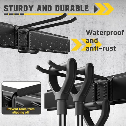 96" Garage Tool Organizer Wall Mount, 1250lbs Heavy Duty Garden Tool Storage Rack with 15 Adjustable Hooks for Yard, Shed, Garage (6 Racks, 15 Hooks, 2 Straps, Steel)
