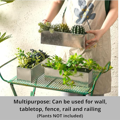 LaLaGreen Wall Planter (3 Pack, 16 Inch) Large Wall Mount Planters for Succulent, Silver Rectangular Metal Hanging Flower Pot, Long Window Sill Plant Box Railings Herb Indoor Rustic Farmhouse Decor