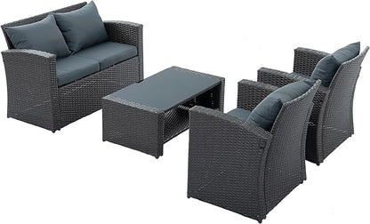 4 Piece Patio Furniture Set,Outside Rattan Sectional Sofa,Wicker Conversation Set with Cushion and Glass Coffee Table,Wicker Sofa Ideal for Garden,Porch,Grey
