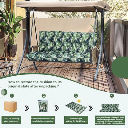 2/3 Seater Swing Replacement Cushion, Waterproof Porch Swing Cushions with Backrest, Thickened Bench Cushions for Outdoor Furniture, for Outdoor Patio Swing (Palm Leaves, 40 * 40 in)