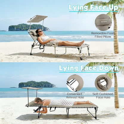 Outdoor Tanning Chair with Sun Canopy Shade & Face Hole, Folding Lounge Chair with Beach Table and Carry Bag for Poolside Sunbathing Lawn