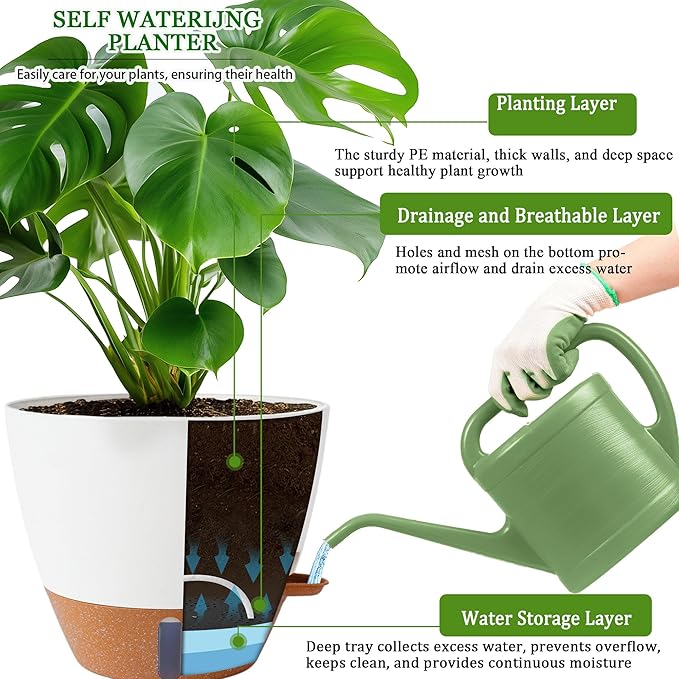 8/10/12 Inch Self Watering Pots for Indoor/Outdoor Plants - Large Plastic Planter with Drainage Holes, Water Level Indicator & Deep Reservoir, Modern Decorative Flower Pots (White)
