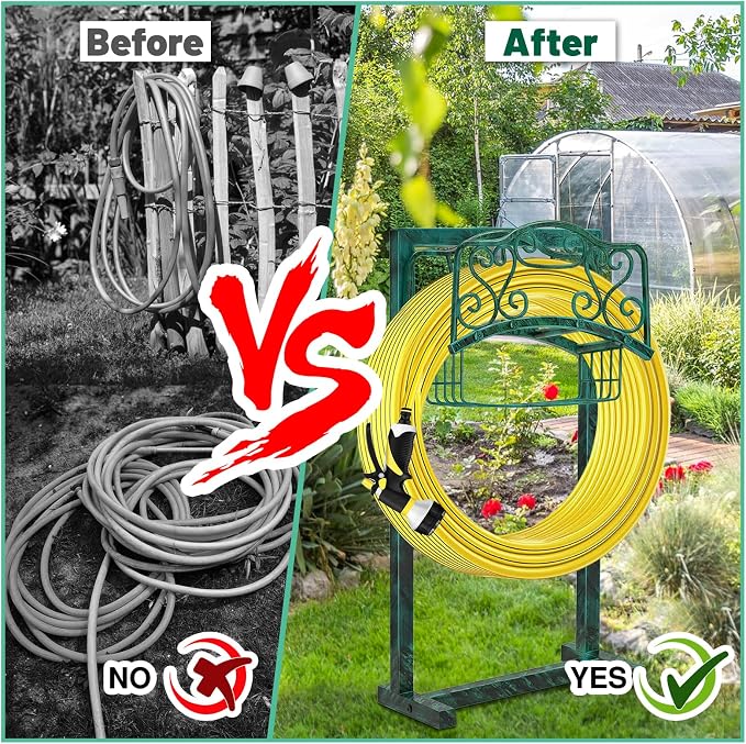 Garden Hose Holder for Outside - Upgraded Water Hose Holder Holds with Storage Basket, Heavy Duty Metal Freestanding Garden Hose Storage Reel Rack for Outdoor Yard Lawn (Green)