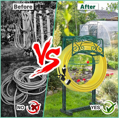 Garden Hose Holder for Outside - Upgraded Water Hose Holder Holds with Storage Basket, Heavy Duty Metal Freestanding Garden Hose Storage Reel Rack for Outdoor Yard Lawn (Green)