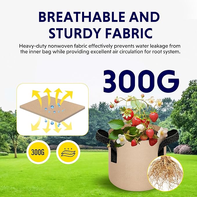 iPower 5 Pack 2 Gallon Grow Bags Heavy Duty 300G Thickened Nonwoven Fabric Plant Pots with 5 Labels & Handles for Outdoor Garden, Aeration Planter Bags for Fruits, Vegetables, Tomato & Flowers, Tan