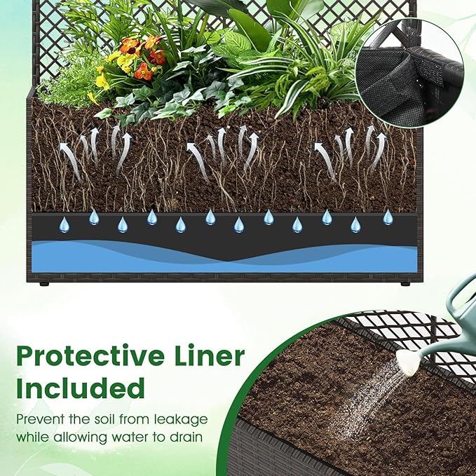 Giantex Raised Garden Bed with Trellis, 49'' Tall PE Rattan Planter Box w/Liner & Drainage, Metal Frame Privacy Screen for Vertical Climbing Plants, Vegetables & Flowers, Patio Balcony Gardening